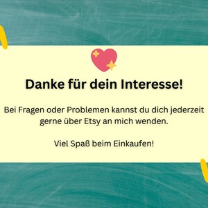 May include: A light yellow rectangular sign with rounded corners, featuring the text "Danke f&uuml;r dein Interesse!" and other German text. A pink heart with yellow stars is at the top. The background is a teal chalkboard.