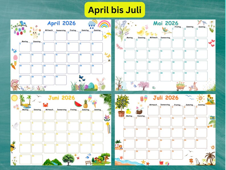 May include: A colorful calendar for April through July 2026, featuring decorative illustrations for each month. The calendar includes images of Easter eggs, bunnies, flowers, and summer-themed graphics. The text "April bis Juli" is at the top.