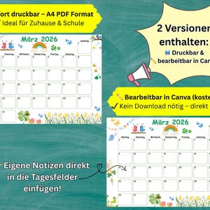 May include: A printable March 2026 calendar in PDF format, with a colorful design featuring a rainbow, birds, and flowers. The calendar is editable in Canva and includes space for notes.