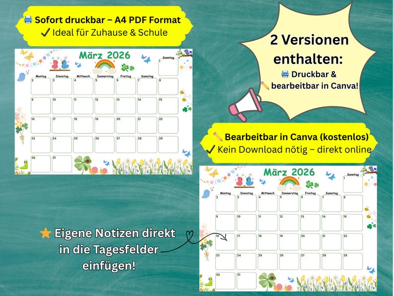 May include: A printable March 2026 calendar in PDF format, with a colorful design featuring a rainbow, birds, and flowers. The calendar is editable in Canva and includes space for notes.
