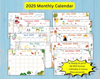 Pode incluir: Calendários mensais de 2025 com ilustrações coloridas para cada mês. Os calendários estão prontos para imprimir em formato PDF A4 e são editáveis no Canva. Cada mês apresenta gráficos sazonais únicos.