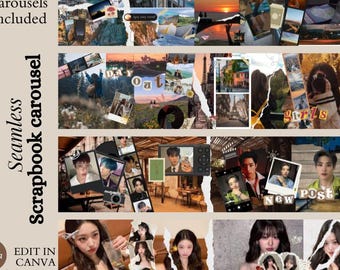 May include: A digital design template featuring five seamless scrapbook carousel layouts. The design includes travel and lifestyle photos, with text that reads "Seamless Scrapbook carousel", "five carousels included", and "Edit in Canva".