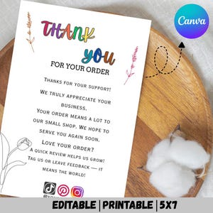 Business Thank You Card Template Editable Canva Order Insert | Printable Small Business Card | Customer Appreciation Note | Packaging Insert