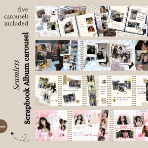 May include: Seamless scrapbook album carousel design with five layouts. The design features photos, handwritten notes, and decorative elements. The text includes "Seamless Scrapbook Album carousel" and "five carousels included".