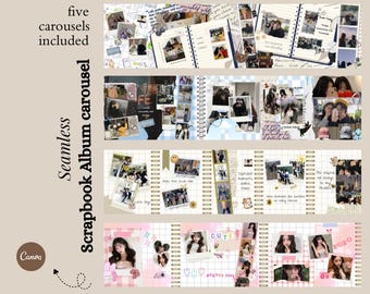 May include: Seamless scrapbook album carousel design with five included layouts. The design features photos, handwritten notes, and decorative elements. The text includes "Seamless Scrapbook Album carousel" and "five carousels included".