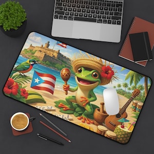 May include: A rectangular mousepad featuring a cartoon frog on a beach with a maraca, straw hat, and a Puerto Rican flag. The design includes a guitar, drums, and a tropical scene with a laptop and a cup of coffee.