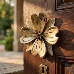 May include: A brass flower-shaped door knocker and keyhole plate are fixed to a dark wooden door. The knocker features detailed petals and leaves. The door is ajar, showing a blurred outdoor background.
