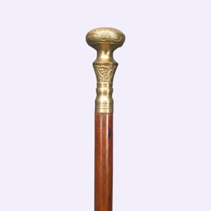 May include: A vintage walking cane with a polished wooden shaft and a decorative brass handle. The handle features an ornate design and a rounded top. The cane is a classic accessory, combining functionality with an elegant aesthetic.