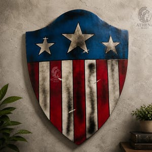 May include: A shield with a blue top section featuring three white stars, and a lower section with red and white stripes. The shield has a distressed, vintage appearance, with signs of wear and tear.