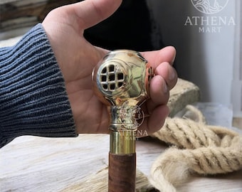 Vintage Nautical Brass Diver Helmet Walking Stick – Handcrafted Wooden Cane, Steampunk Maritime Collectible, Victorian Costume Prop