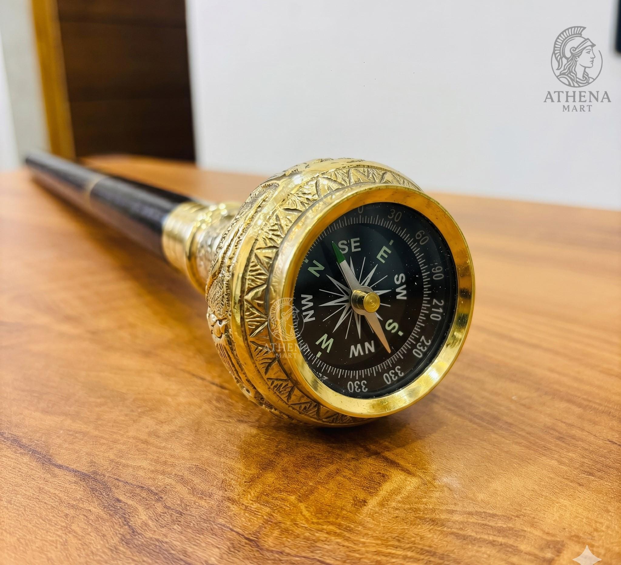 Luxury Vintage Brass Compass Walking Cane, Victorian Wooden Walking ...