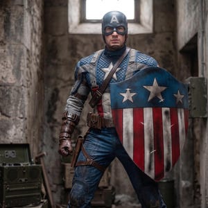May include: A person in a Captain America costume, holding a shield with red and white stripes and blue stars. The costume includes a blue helmet with a white "A", a blue and white star-spangled top, and blue jeans. The scene is set in a stone corridor.