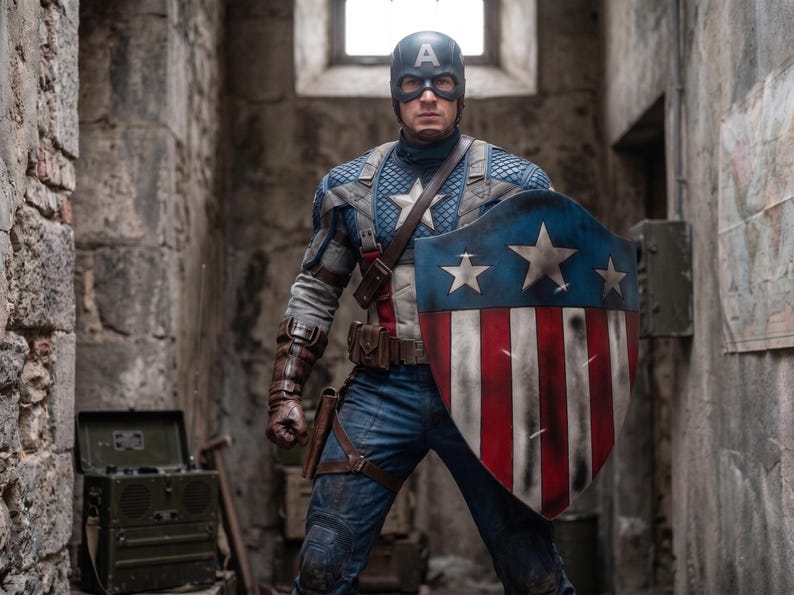 May include: A person in a Captain America costume, holding a shield with red and white stripes and blue stars. The costume includes a blue helmet with a white "A", a blue and white star-spangled top, and blue jeans. The scene is set in a stone corridor.