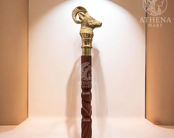 Handmade Brass Ram Head Walking Cane – Multiple Shaft Options – Vintage Wooden Walking Stick, Decorative Collectible Gentleman’s Gift