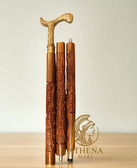 Handcrafted Brass Handle Wooden Walking Cane – Vintage Floral Carved Walking Stick – Luxury Gift for Men and Women