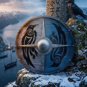 Escudo vikingo de madera hecho a mano / Escudo de batalla medieval del cuervo con estrella metálica en el umbo / Decoración de pared nórdica Valhalla y accesorio para cosplay