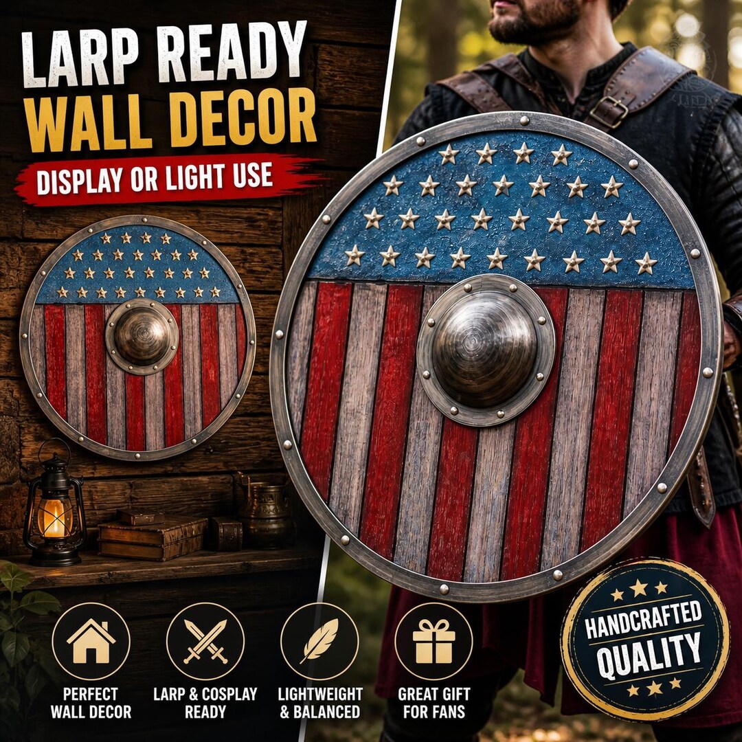 Rustic Shield American Flag Wooden Shield | Patriotic Round Shield With Metal Boss ...
