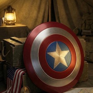 Pode incluir: Um escudo do Capitão América com um design vermelho, prateado e azul, com uma estrela dourada no centro. O escudo é redondo e tem um acabamento metálico. É exibido com uma estética vintage, ao lado de uma bandeira americana e uma bússola.