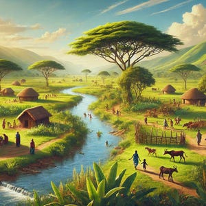 Puede incluir: Una vibrante pintura de paisaje representa un pueblo africano con cabañas con techo de paja, un río sinuoso y verdes colinas. Personas y animales pueblan la escena, con grandes árboles y un cielo brillante. La obra evoca paz y comunidad.