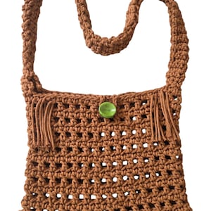 May include: A brown crochet shoulder bag with a green button closure. The bag features a woven design with fringe detailing and a thick strap. The bag is made of a soft, textured material, perfect for carrying essentials.