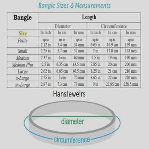 May include: A sizing chart titled Bangle Sizes & Measurements for HansJewelrs, displaying a table with diameter and circumference values in inches, cm, and mm for sizes ranging from Petite to xx-Large, alongside a diagram of a bangle.