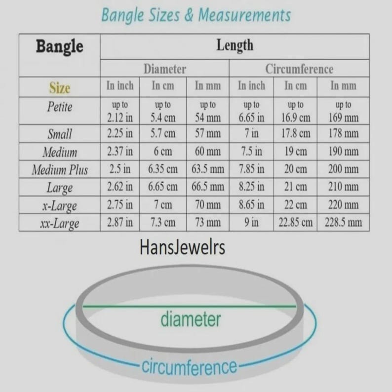 May include: A sizing chart titled Bangle Sizes & Measurements for HansJewelrs, displaying a table with diameter and circumference values in inches, cm, and mm for sizes ranging from Petite to xx-Large, alongside a diagram of a bangle.
