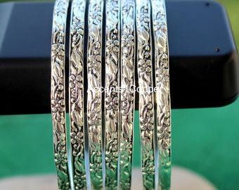 Sterling Silver Engraved Floral Bangles, Set of 7 Stackable Boho Bracelets