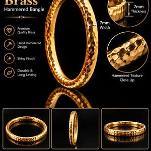 May include: A gold-coloured brass hammered bangle with a shiny finish. The bangle features a 7mm width and 7mm thickness as indicated by visual measurement markers. The design includes a textured surface with multiple indentations.