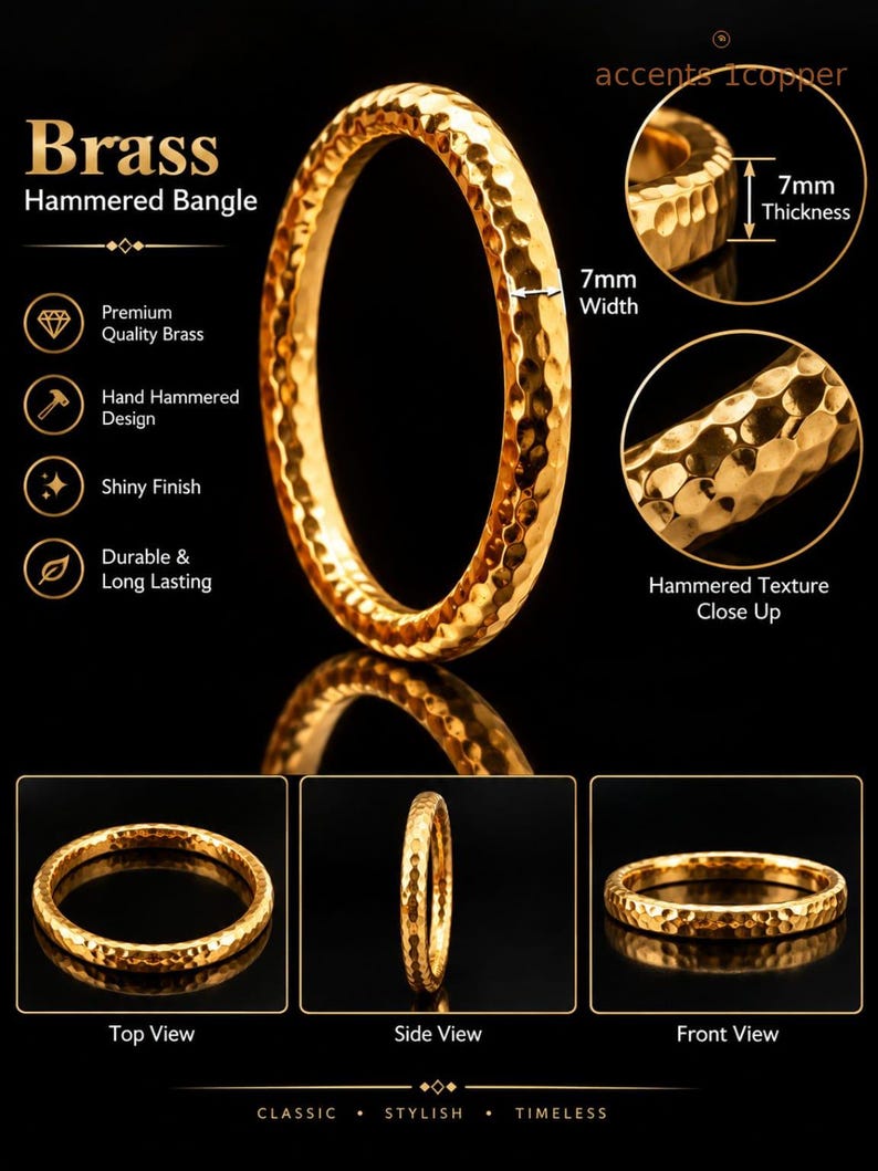 May include: A gold-coloured brass hammered bangle with a shiny finish. The bangle features a 7mm width and 7mm thickness as indicated by visual measurement markers. The design includes a textured surface with multiple indentations.