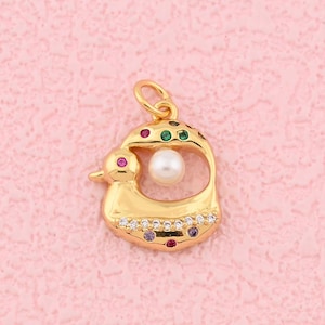 Elegant 18K Gold Filled Swan Pendant with Pearl Center and CZ Accents for Unique Necklace Jewelry 14x16.5mm
