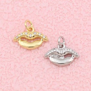 Sparkling Lips Pendant Charms in Gold and Silver with Rhinestone Accent for Trendy DIY Jewelry Design 9x13mm