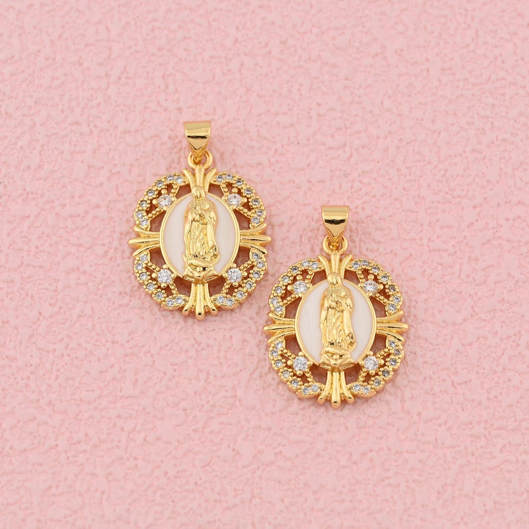 Ornate Virgin Mary Oval Pendant 18K Gold Filled With Rhinestone Halo ...