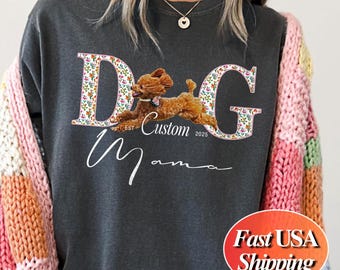 Comfort Colors® Personalisiertes Hund Mama Shirt Blumen Haustier Foto T-Shirt Benutzerdefinierter Name Vintage Retro Erinnerung Geschenk für Hundeliebhaber Erinnerungsgeschenk