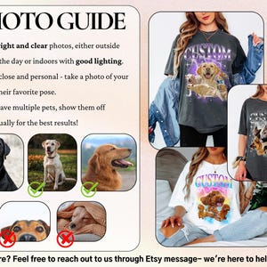 Puede incluir: La imagen es una gu&iacute;a fotogr&aacute;fica para tomar fotos de mascotas. Presenta ejemplos de fotos de perros bien iluminadas y ejemplos de fotos que deben evitarse. La gu&iacute;a tambi&eacute;n muestra ejemplos de camisetas personalizadas para mascotas con gr&aacute;ficos de perros y la palabra "CUSTOM". El texto dice "GU&Iacute;A FOTOGR&Aacute;FICA".
