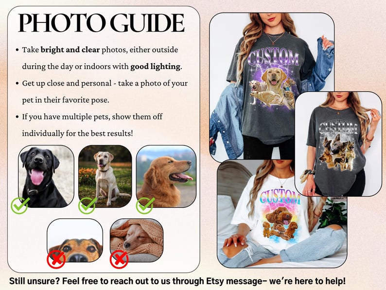 Puede incluir: La imagen es una gu&iacute;a fotogr&aacute;fica para tomar fotos de mascotas. Presenta ejemplos de fotos de perros bien iluminadas y ejemplos de fotos que deben evitarse. La gu&iacute;a tambi&eacute;n muestra ejemplos de camisetas personalizadas para mascotas con gr&aacute;ficos de perros y la palabra "CUSTOM". El texto dice "GU&Iacute;A FOTOGR&Aacute;FICA".
