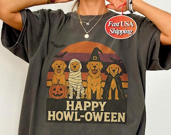 Lustig Retro Golden Retriever Halloween Shirt Hund Mama Hund Papa Geschenk Vintage Sonnenuntergang Kürbis Patch Outfit Gruselig Saison Hundeliebhaber Tee