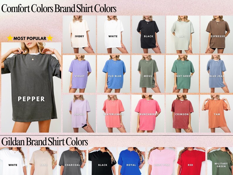 Puede incluir: Una exhibici&oacute;n de camisetas de las marcas Comfort Colors y Gildan en varios colores, incluyendo marfil, blanco, negro y pimienta. La imagen muestra una gama de tonos, desde violeta y azul hasta rosa y verde, con los nombres de los colores.