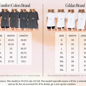 Puede incluir: Imagen que muestra dos marcas de camisetas, Comfort Colors y Gildan, con tablas de tallas. Las camisetas Comfort Colors son grises y las camisetas Gildan son blancas. Las tablas de tallas enumeran el ancho y el largo en cm.