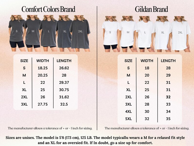 Puede incluir: Imagen que muestra dos marcas de camisetas, Comfort Colors y Gildan, con tablas de tallas. Las camisetas Comfort Colors son grises y las camisetas Gildan son blancas. Las tablas de tallas enumeran el ancho y el largo en cm.
