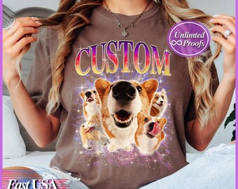 Personalisiertes Haustier-Shirt Benutzerdefinierter Name und Foto-T-Shirt Komfortfarben Vintage-T-Shirt 90er Jahre Retro-Katzen-Hundehemd-Gedenkgeschenkidee für Haustierliebhaber