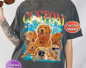 Benutzerdefiniertes Comfort Colors® Retro Hunde-Shirt Personalisiertes Haustier-Foto Vintage 90er Jahre Grafik-T-Shirt Bootleg Rap-Stil Individuelles Design-Haustier-Liebhaber-Geschenk