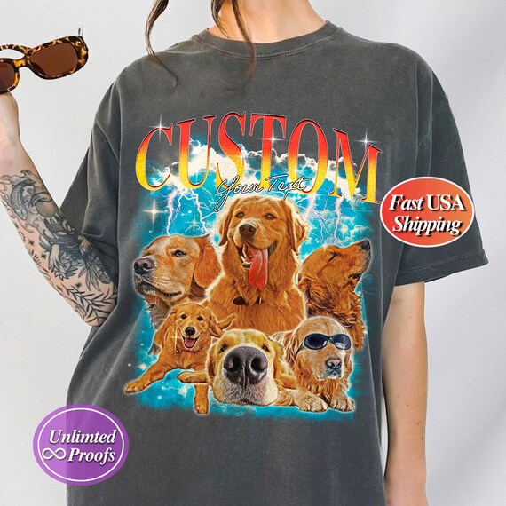 Custom Comfort Colors® Retro Dog Shirt Personalized Pet Photo Vintage 90s Graphic Tee Bootleg Rap Style Custom Design Pet Lover Gift