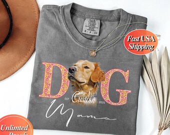 Comfort Colors® Hunde Mama Shirt Vintage Unisex T-Shirt Benutzerdefinierte Hund Name Blumen Haustier Liebhaber Geschenk für Sie Retro Hund Mama Shirt Geschenk für Besitzer
