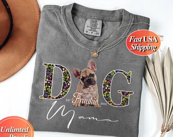 Comfort Colors® Floral Hund Mama Shirt mit Foto und Name Vintage Retro Hund Mama T-Shirt Haustier Erinnerung Geschenk Erinnerung T-Shirt Verlust von Haustier