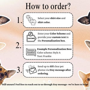 Puede incluir: Una gu&iacute;a ilustrada sobre c&oacute;mo pedir un producto personalizado, con pasos para seleccionar el tama&ntilde;o y el color, personalizar el texto y enviar fotos de mascotas. La imagen incluye perros y gatos.