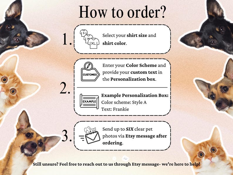 Puede incluir: Una gu&iacute;a ilustrada sobre c&oacute;mo pedir un producto personalizado, con pasos para seleccionar el tama&ntilde;o y el color, personalizar el texto y enviar fotos de mascotas. La imagen incluye perros y gatos.