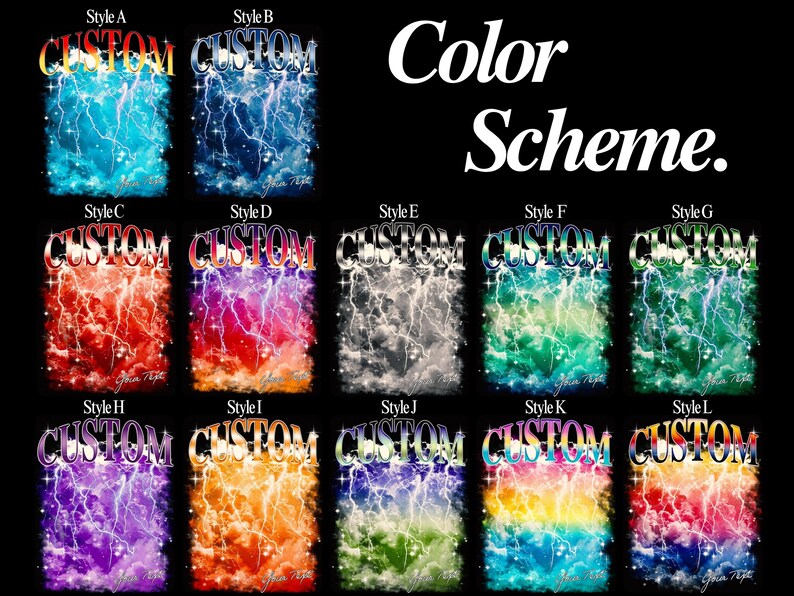 Puede incluir: Un gr&aacute;fico que muestra una combinaci&oacute;n de colores con la palabra "CUSTOM" en una fuente estilizada sobre un dise&ntilde;o de rayo. La imagen muestra varias combinaciones de colores, incluyendo azul, rojo y verde, sobre un fondo negro. Tambi&eacute;n est&aacute; presente el texto "Color Scheme".