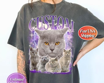 Benutzerdefiniertes Comfort Colors® Katzenfoto-Shirt Personalisiertes Tierporträt-T-Shirt Vintage 90er Jahre Bootleg Rap Grafik-Retro-Stil Katzen-Shirt Geschenk für Haustierverlust