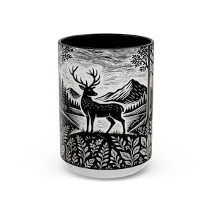 Rustic Nature Coffee Mug - Black and White Deer Design - Woodland Art Gift for Nature Lovers, Hikers, Cabin & Home Decor