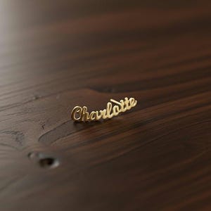 May include: A gold-coloured name pin spelling "Charlotte" in cursive script. The pin is displayed on a dark brown wooden surface. The contrast between the gold and the wood enhances the pin's design.